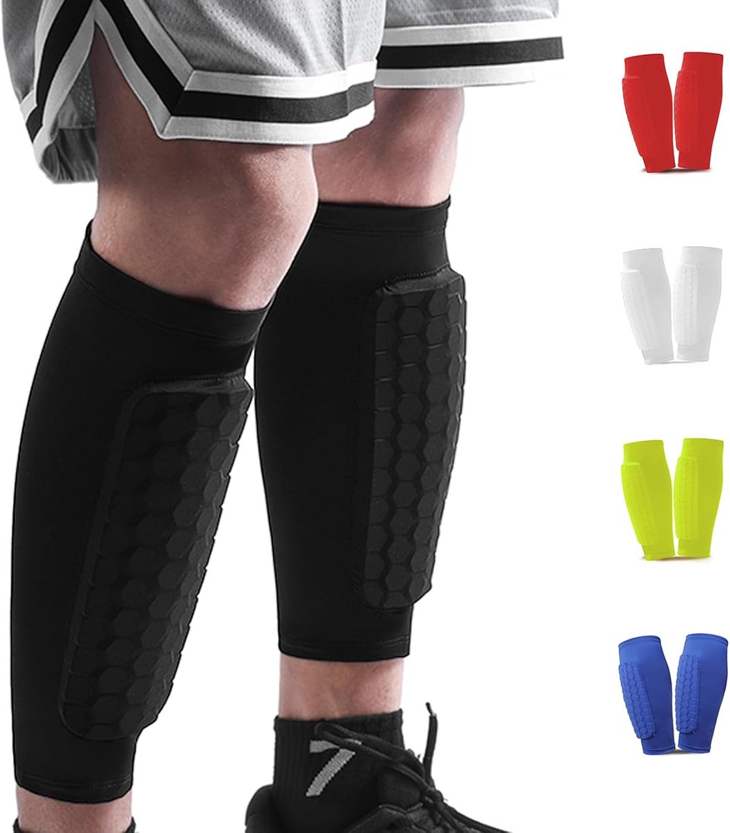 1051x1200-4 Voetbalscheenbeschermers geschikt voor tieners en volwassenen, compressiekousen voor de kuiten met honingraatvulling, 2 paar (zwart). - Afbeelding 1