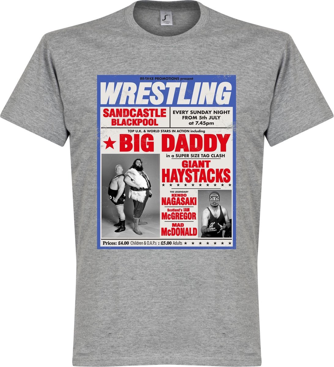 1092x1200-104 Big Daddy vs Giant Haystack Wrestling Poster T-shirt - Grijs - M - Afbeelding 1