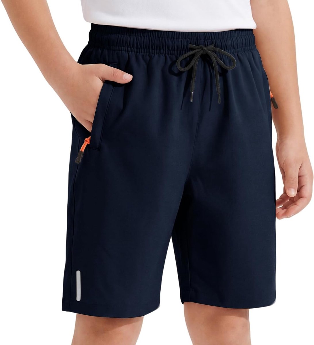 1092x1200-197 Korte Jongens Shorts voor Kinderen met Sneldrogende Stof, Reflecterende Strepen en Ritszakken, Ademend en Licht voor Sport en Vrije Tijd, Geschikt voor 6-13 Jaar - Afbeelding 1