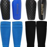 2 Paar Kinderscheenbeschermers voor Voetbal - Elastische Slip Pocket, Compressiesokken en Scheenbeschermers - Zwart en Blauw (S)