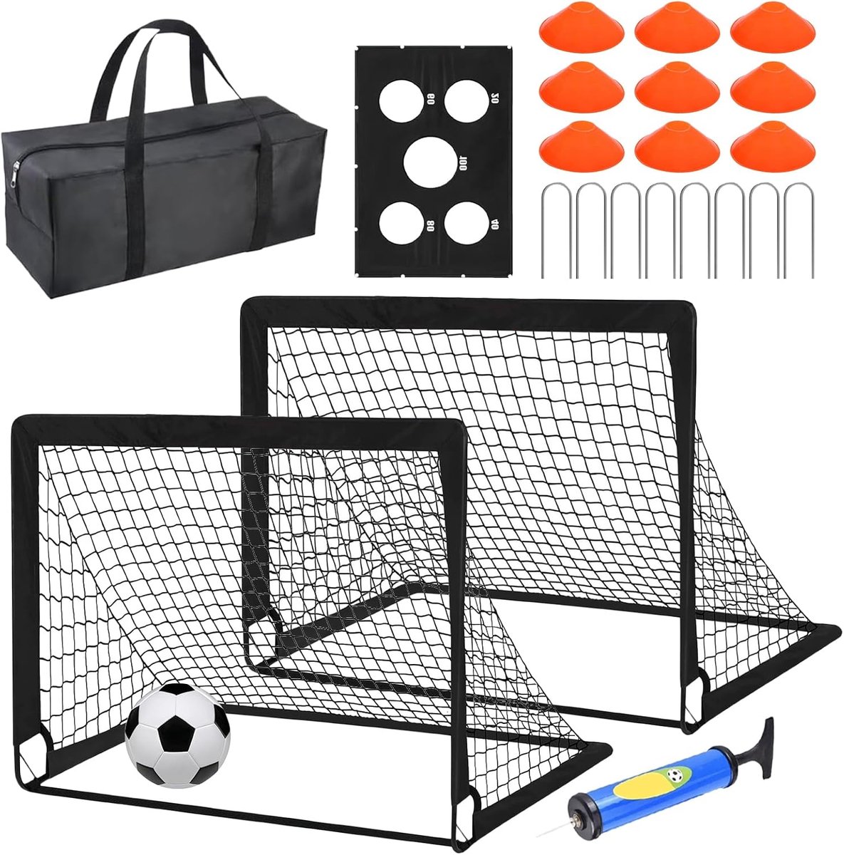 1185x1200-3 Kinder Voetbaldoel - Sporttrainingsmateriaal - Buiten Spelen - Inclusief Bal en Pionnen - 120 x 90 cm - Zwart - Afbeelding 1