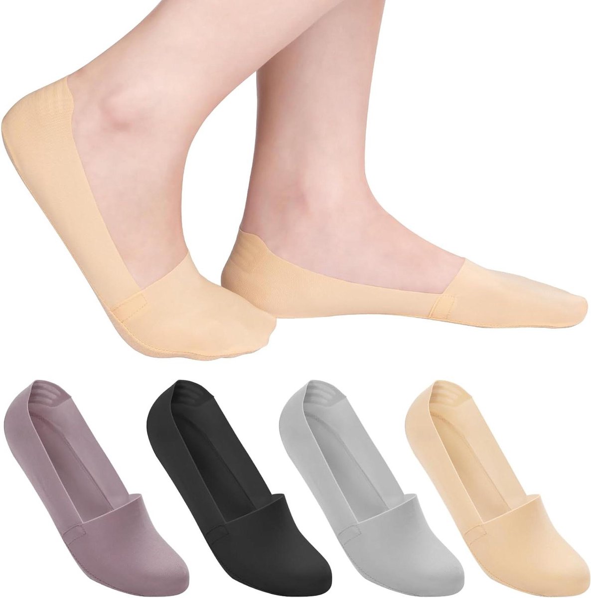 1186x1200-21 Women's Invisible Cotton Silk Socks | Non-Slip Short Socks for Spring & Summer | Pack of 4 Pairs (Black, Grey, Purple, Nude) | Size 35-39 - Afbeelding 1
