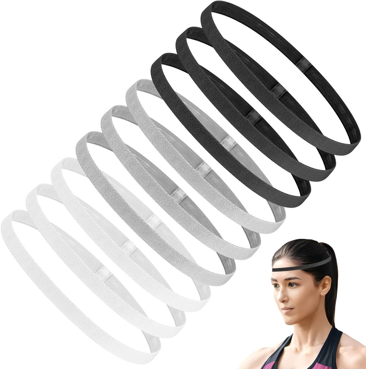 1190x1200-35 Set van 9 Elastische Sport Haarbanden voor Mannen en Jongens - Antislip Hoofdbanden voor Voetbal, Joggen en Sportactiviteiten (Zwart, Wit, Grijs) - Afbeelding 1