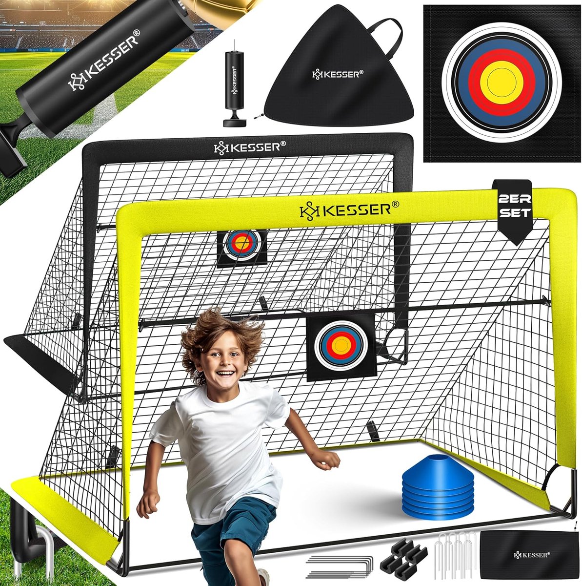 1193x1200-31 KESSER® Voetbaldoel voor kinderen, pop-up set van 2, opvouwbaar, met glasvezelstangen en hoogwaardige doelnetten voor binnen, buiten en tuin, met transporttas, 6 x hoedjes, balpomp, schietschijf - Afbeelding 1