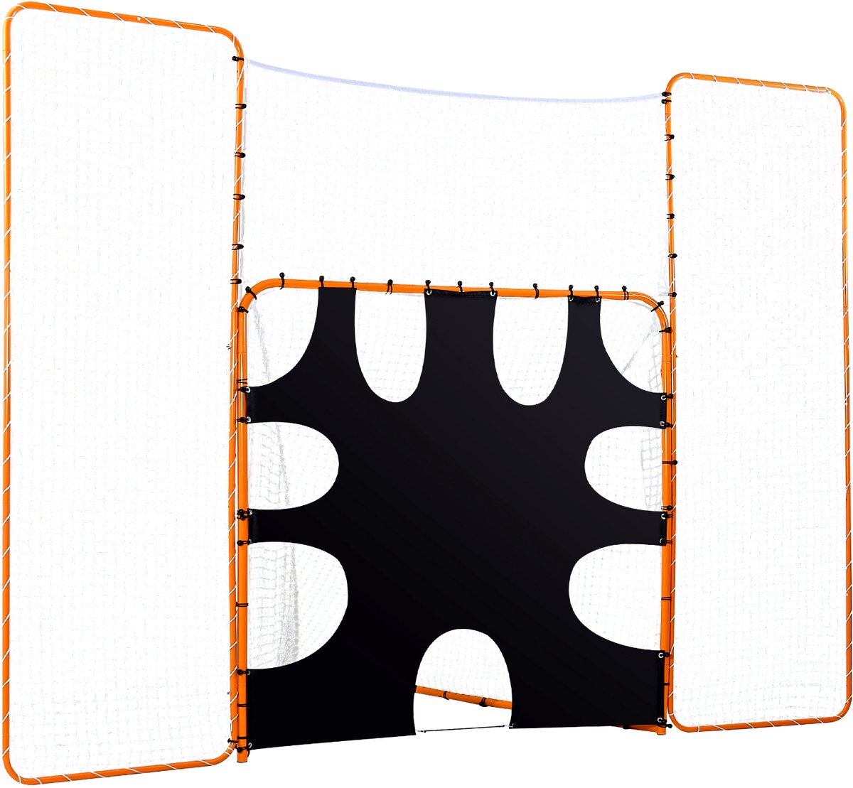 1200x1109 3-in-1 lacrosse doel met net, achterwand en doel, 12x9 ft trainingsmateriaal voor gebruik in de achtertuin, duurzaam stalen frame, eenvoudig op te zetten, ideaal voor trainingen voor jongeren en volwassenen, oranje - Afbeelding 1