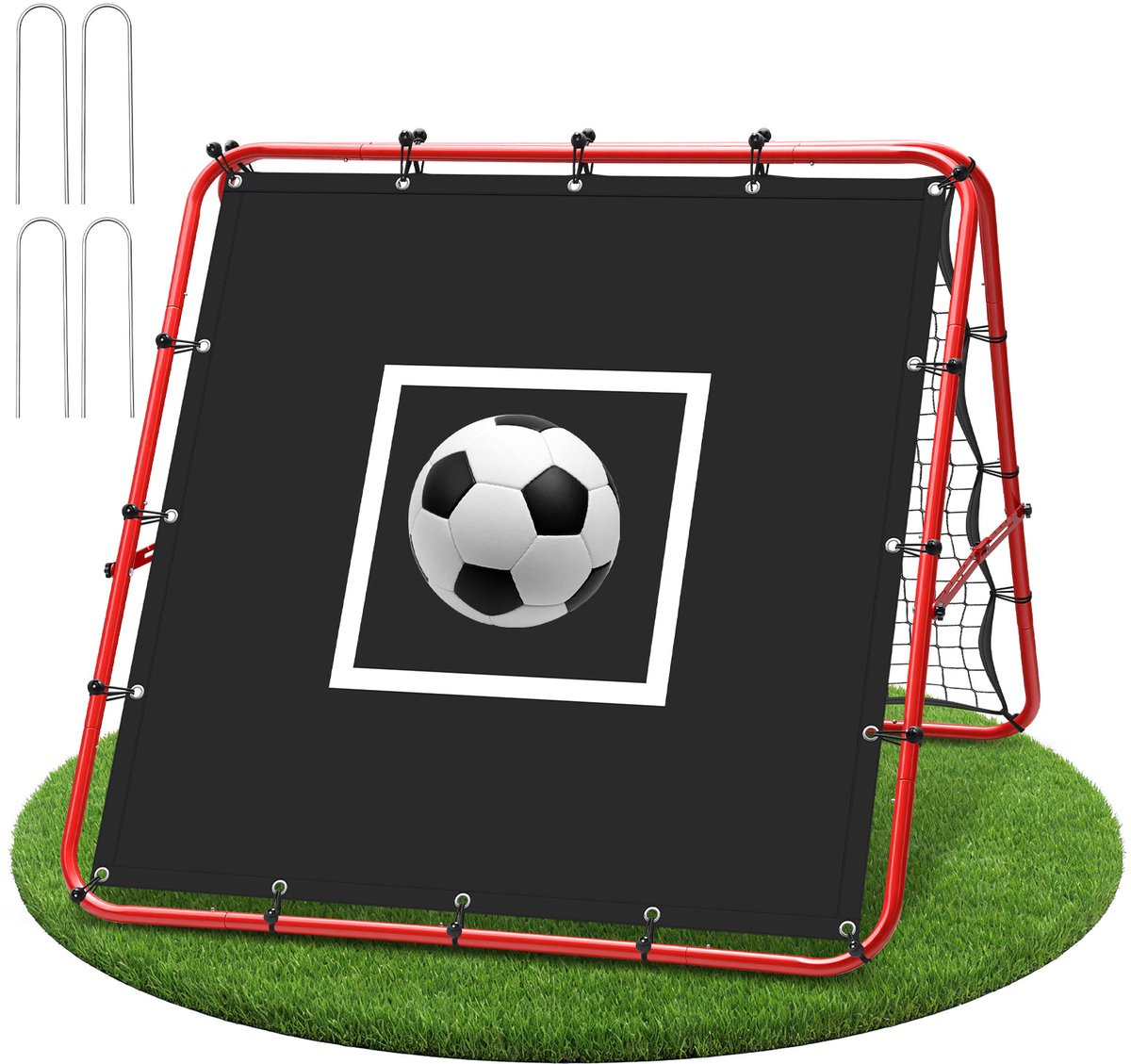 1200x1129 Set van 2 opvouwbare dubbelzijdige voetbal reboundnetten 120 x 120 cm met 420D doelzeil, verstelbaar voor passing, hoge ballen en koptraining - Afbeelding 1