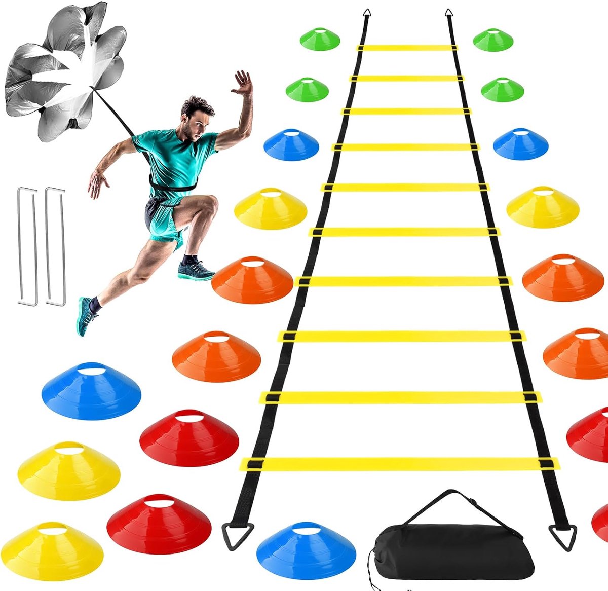 1200x1166-4 Voetbal Trainingsset - Sport & Outdoor Set - Behendigheid Verbeteren - Compleet met Paraplu - 6m Ladder - Meerdere Kleuren - Afbeelding 1