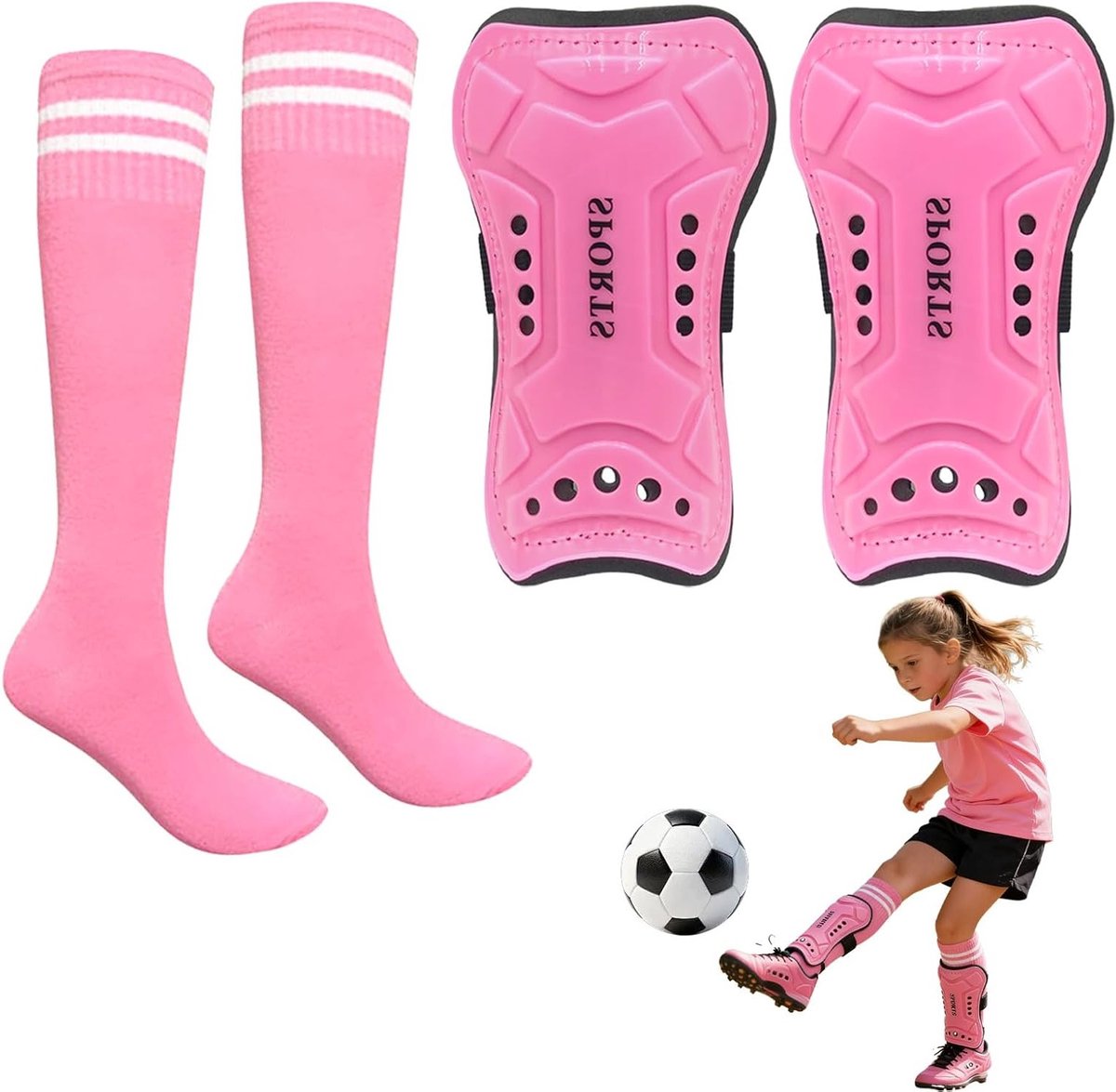 1200x1175 Scheenbeschermers voor meisjes 6-12 jaar met sokken set, ademend en anti-shock, verstelbare antislip banden voor optimale bescherming tijdens het voetballen - Afbeelding 1