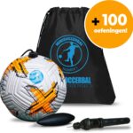 Minisoccerbal voetbal aan touw - techniekbal - buitenspeelgoed - Met 100 oefeningen - Oranje - Met tas en pomp