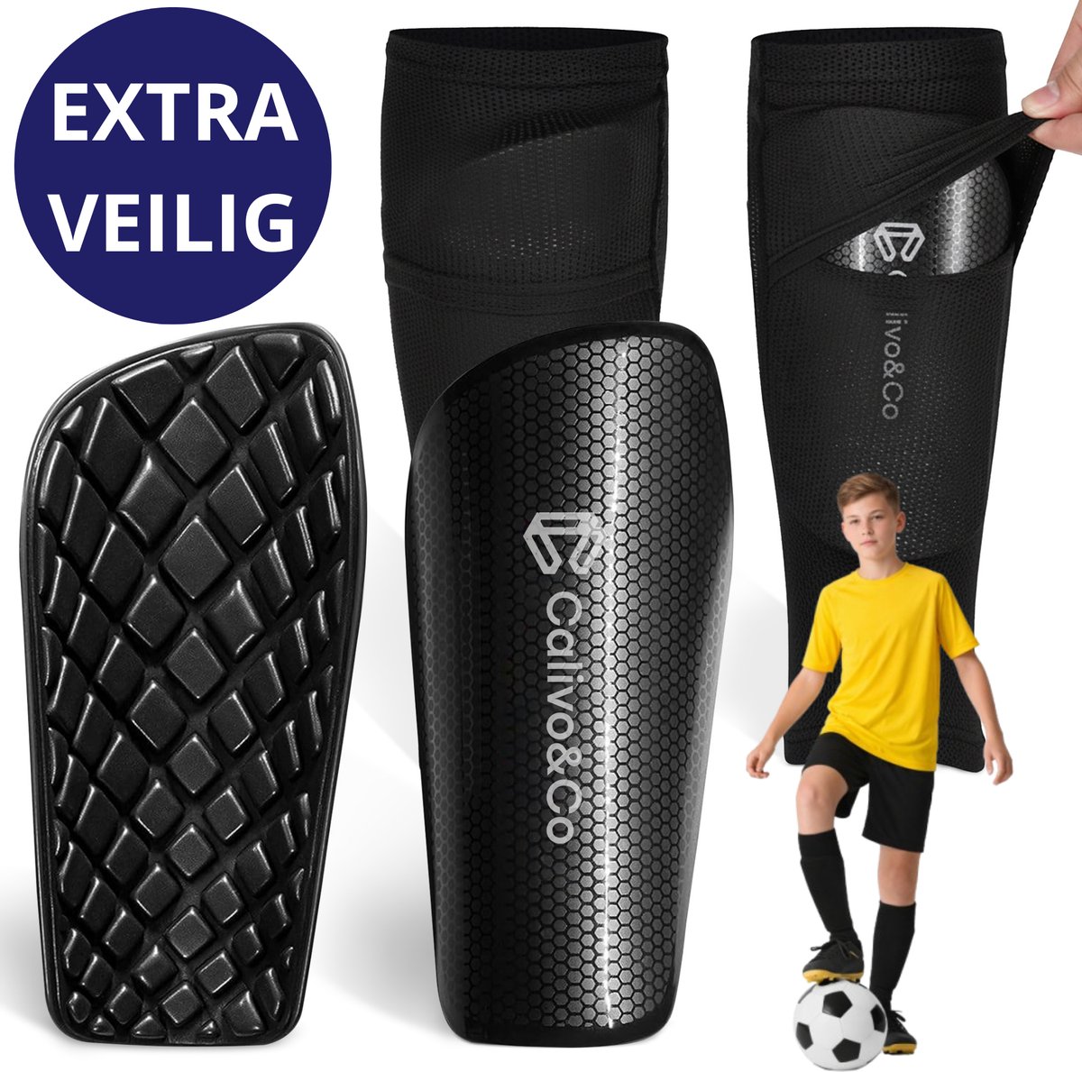 1200x1189-15 Calivo&Co® Kids Scheenbeschermers Voetbal - Scheenbeschermers voetbal kind – Voetbal scheenbeschermers - Shin Pads – Scheenlappen - Zwart – Maat S - Afbeelding 1