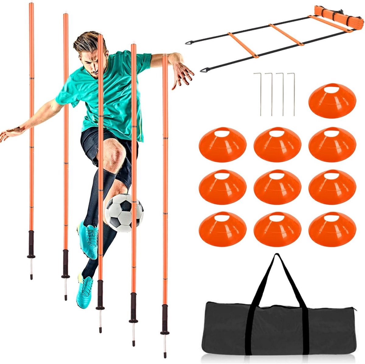 1200x1198-25 Complete Voetbal Trainingsset: Behendigheidspalen, Snelheidsladder en Kegels voor Duurtraining - Afbeelding 1