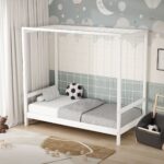 Kinderbed Voetbaldoel 80x160 cm Wit Eenpersoonsbed voor kinderen Houten bed met lattenbodem & net Handbaldoel ML design