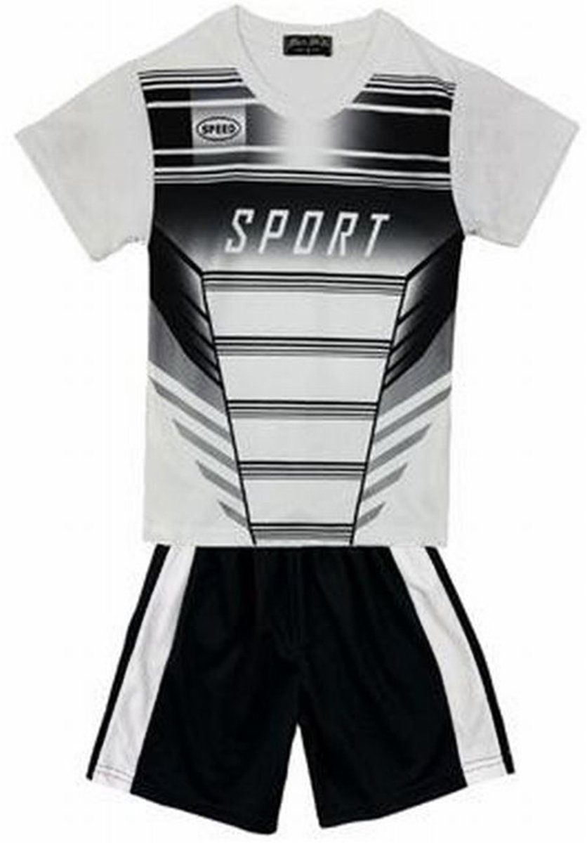 836x1200-61 Kinder sport set tenue maat 110/116 tweedelig wit/zwart t-shirt + korte broek sportset sportkleding unisex mooie kwaliteit - Afbeelding 1