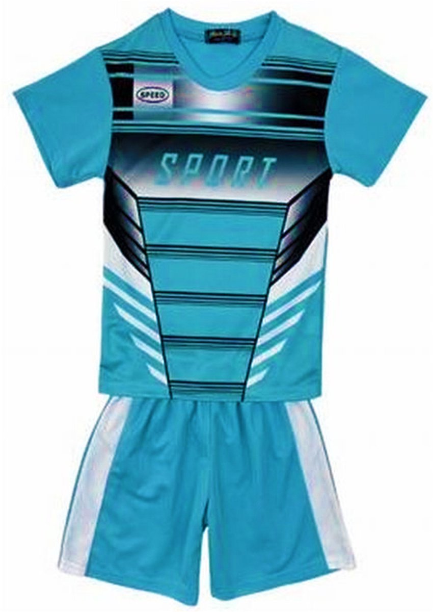 850x1200-130 Kinder sport set tenue maat 98/104 tweedelig blauw/zwart t-shirt + korte broek sportset sportkleding unisex mooie kwaliteit - Afbeelding 1