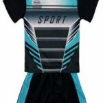 Kinder sport set tenue maat 122/128 tweedelig zwart/blauw t-shirt + korte broek sportset sportkleding unisex mooie kwaliteit
